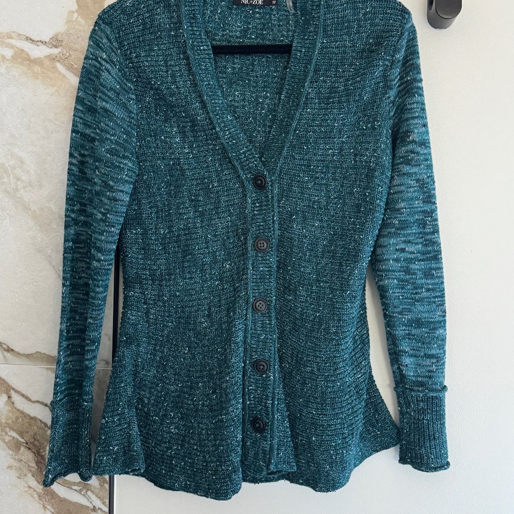 NIC+ZOE Peplum Cardigan In Dark Teal Mix XS